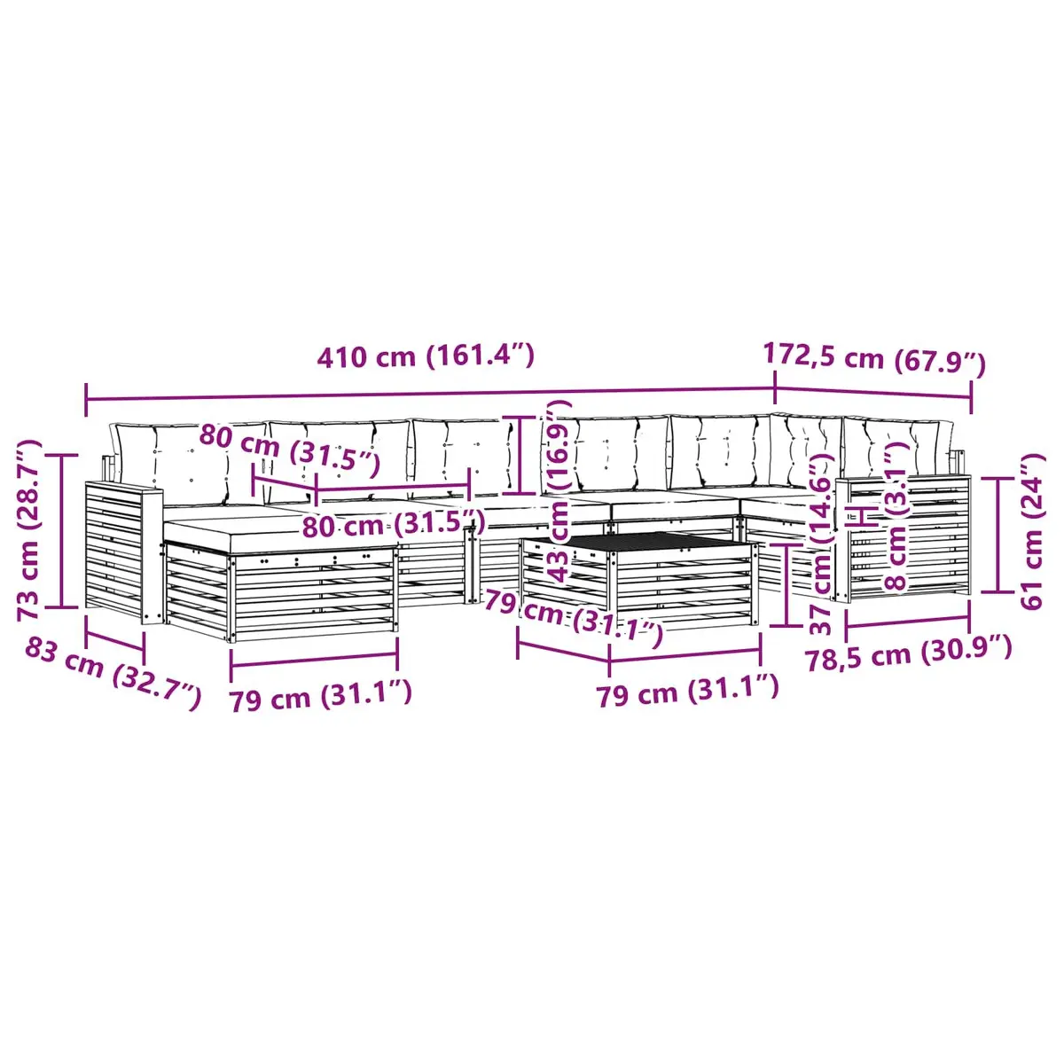 Outdoor Sectional Sofa Set 8 Piece Modular Garden Patio Furniture with Cushions