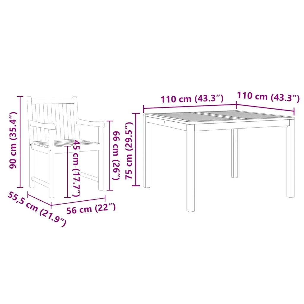 Garden Dining Set 5 Piece Outdoor Furniture Brown Solid Acacia Wood Table Chairs