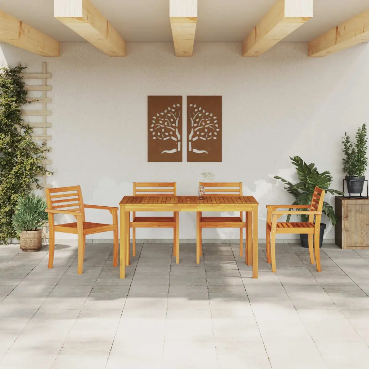 Garden Dining Set Brown 5 Piece Outdoor Patio Acacia Wood Rustic Table Chairs