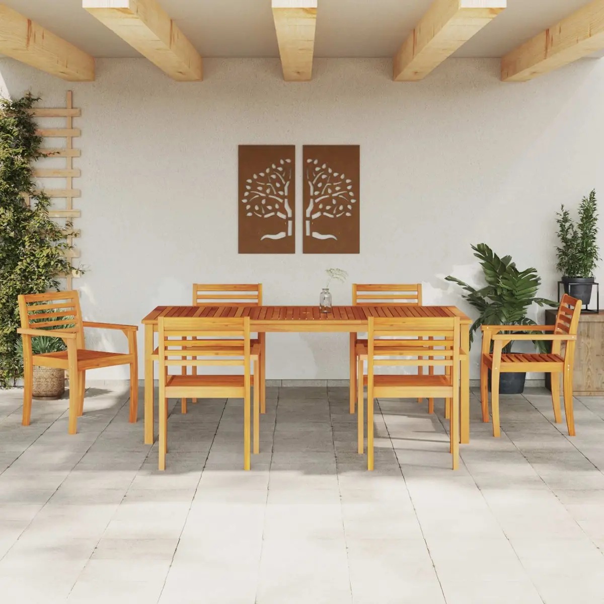 Garden Dining Set Brown 7 Piece Solid Acacia Wood Outdoor Furniture Patio Table