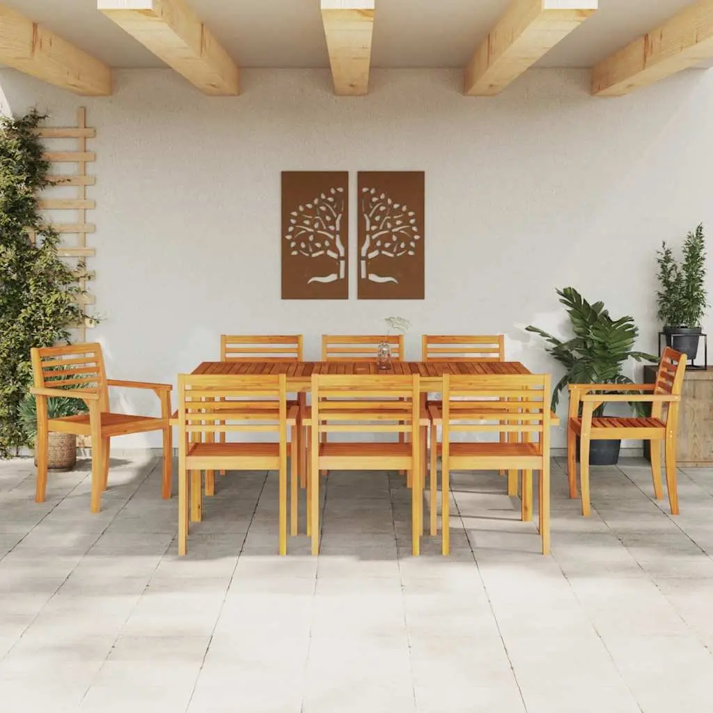 Garden Dining Set Brown 9 Pieces Solid Acacia Wood Outdoor Patio Furniture