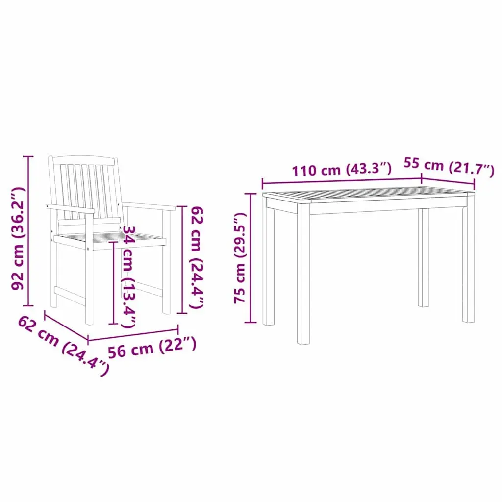 Garden Dining Set 3 Piece Brown Solid Acacia Wood Rectangular Table Outdoor