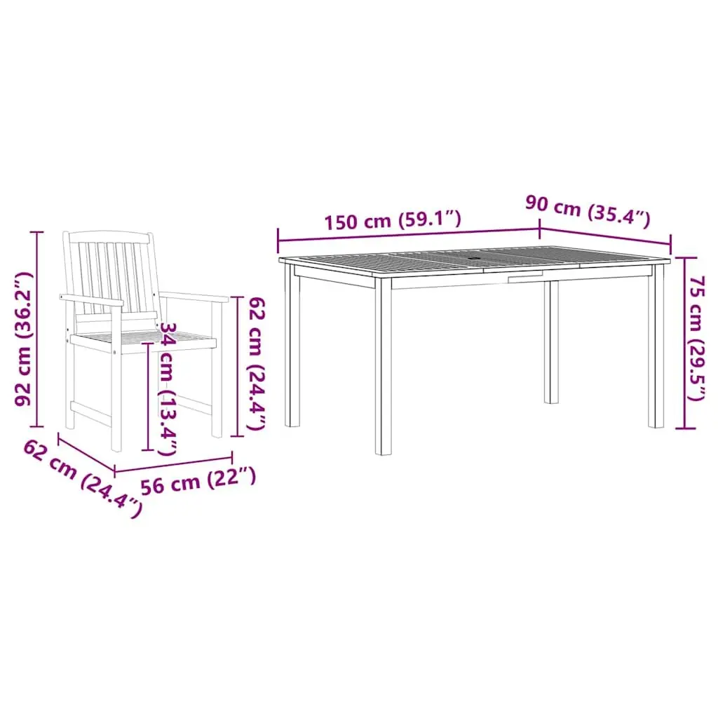 Garden Dining Set Brown 5 Pieces Solid Acacia Wood Outdoor Table Chairs