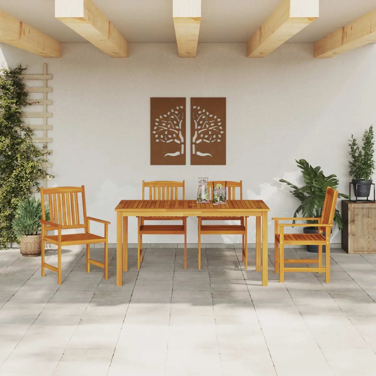 Garden Dining Set Brown 5 Pieces Solid Acacia Wood Outdoor Table Chairs