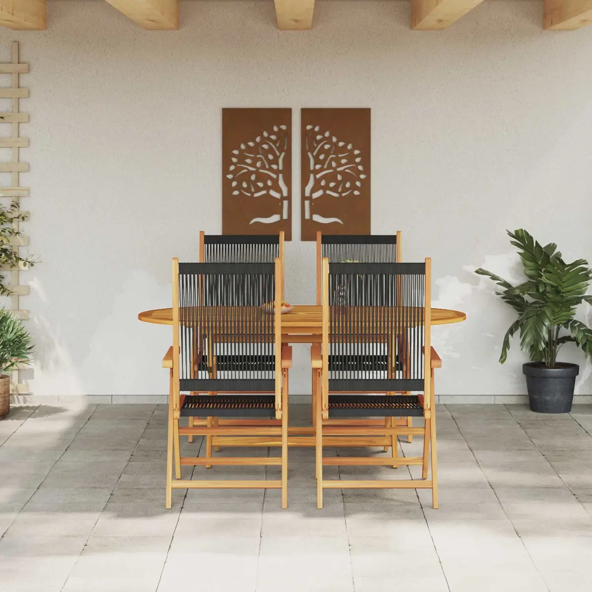 Outdoor Garden Dining Set Folding 5 Piece Black Acacia Wood Patio Furniture
