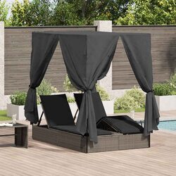 Double Sun Lounger Grey Outdoor Garden Furniture with Roof Curtains Recliner Bed