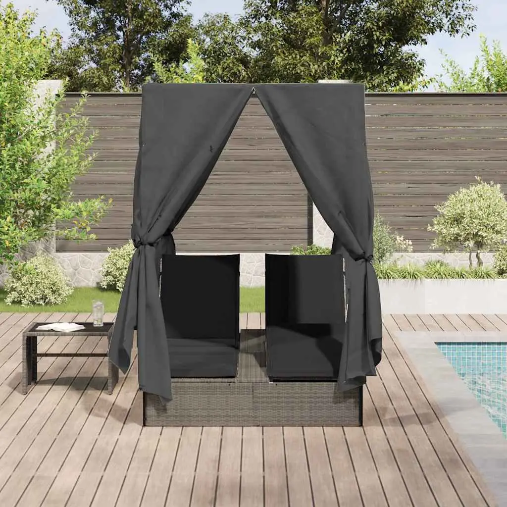 Double Sun Lounger Grey Outdoor Garden Furniture Adjustable Backrest Roof with Side Curtains
