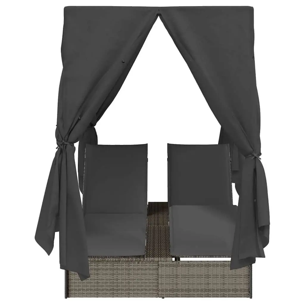 Double Sun Lounger Grey Outdoor Garden Furniture Adjustable Backrest Roof with Side Curtains