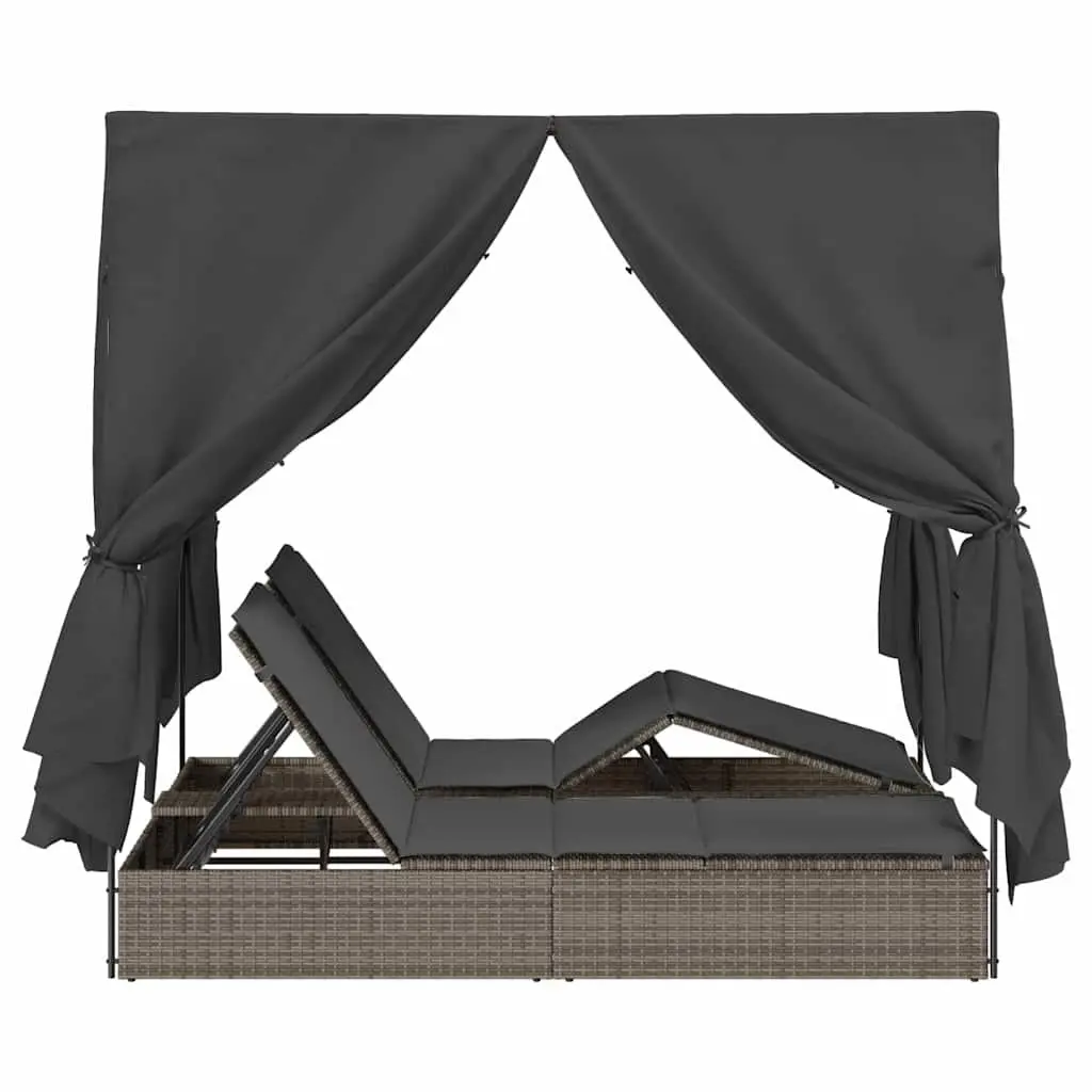 Double Sun Lounger Grey Outdoor Garden Furniture Adjustable Backrest Roof with Side Curtains