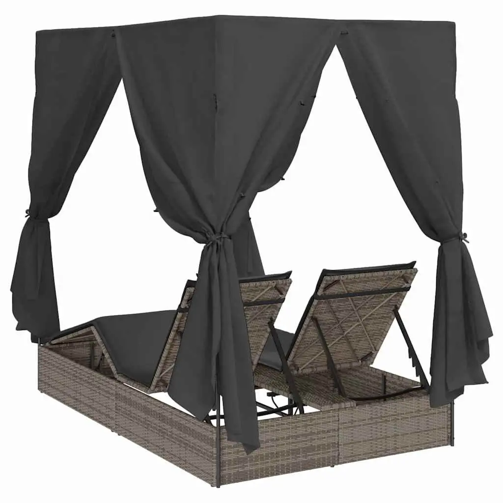 Double Sun Lounger Grey Outdoor Garden Furniture Adjustable Backrest Roof with Side Curtains