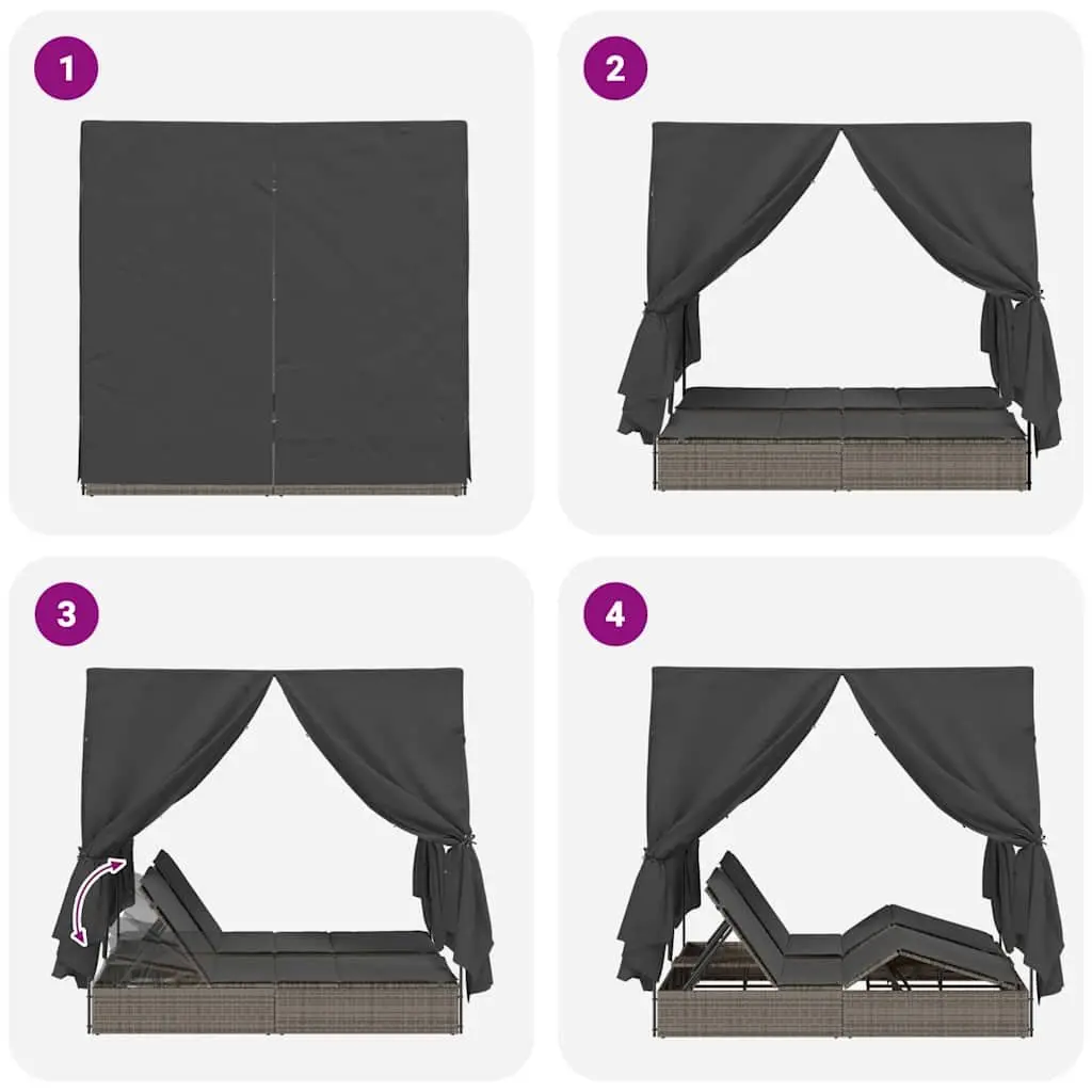Double Sun Lounger Grey Outdoor Garden Furniture Adjustable Backrest Roof with Side Curtains