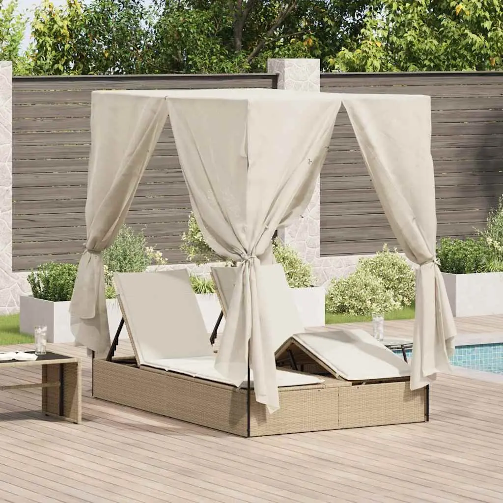 Double Sun Lounger Beige Adjustable Backrest with Roof Curtains Outdoor Garden Furniture