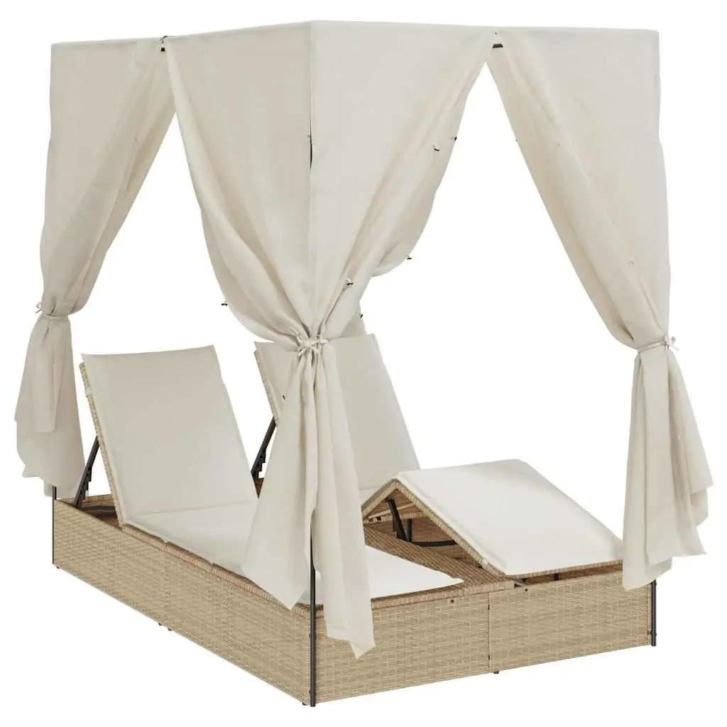 Double Sun Lounger Beige Adjustable Backrest with Roof Curtains Outdoor Garden Furniture