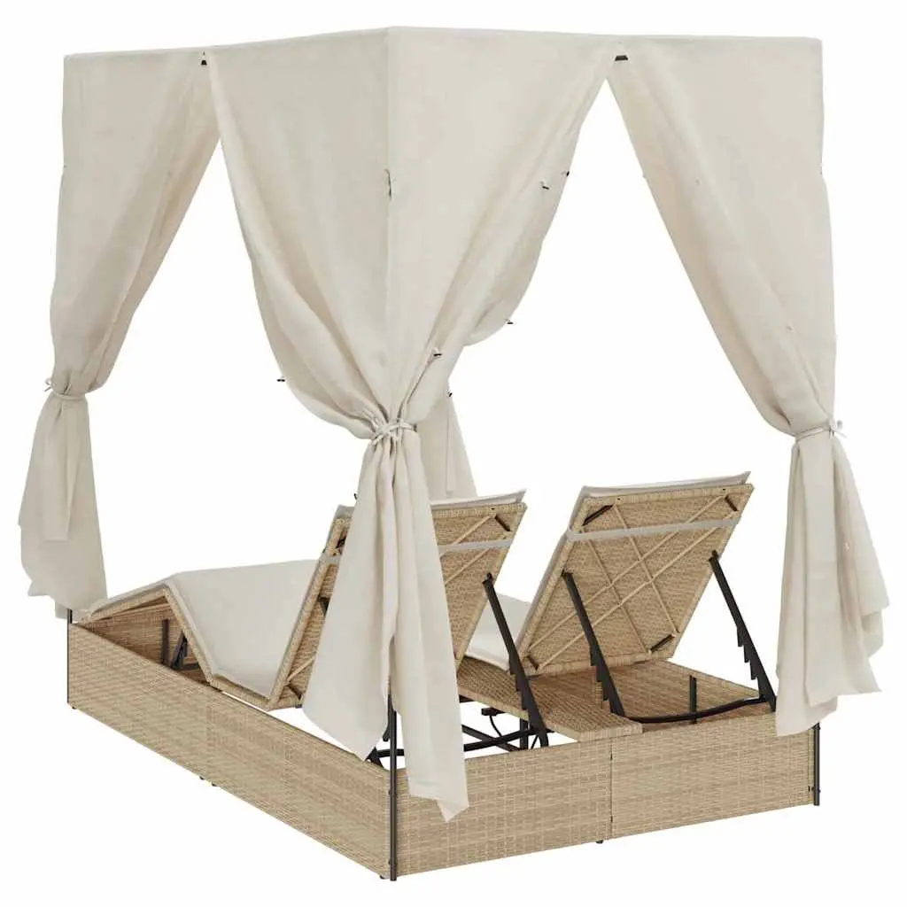 Double Sun Lounger Beige Adjustable Backrest with Roof Curtains Outdoor Garden Furniture