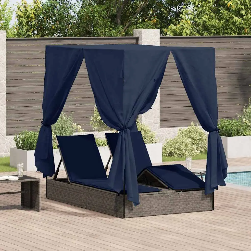 Double Sun Lounger Grey Poly Rattan Outdoor Day Bed with Canopy Roof and Curtains