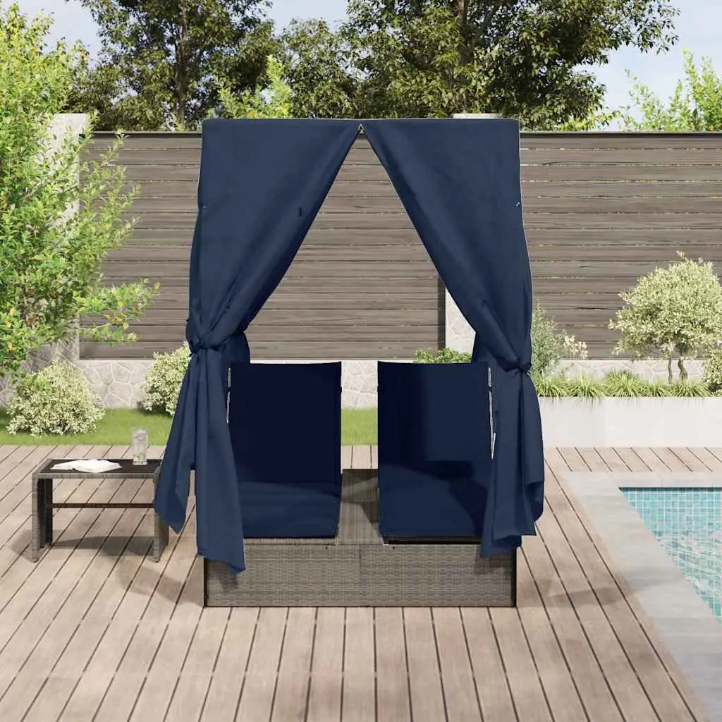Double Sun Lounger Grey Poly Rattan Outdoor Day Bed with Canopy Roof and Curtains