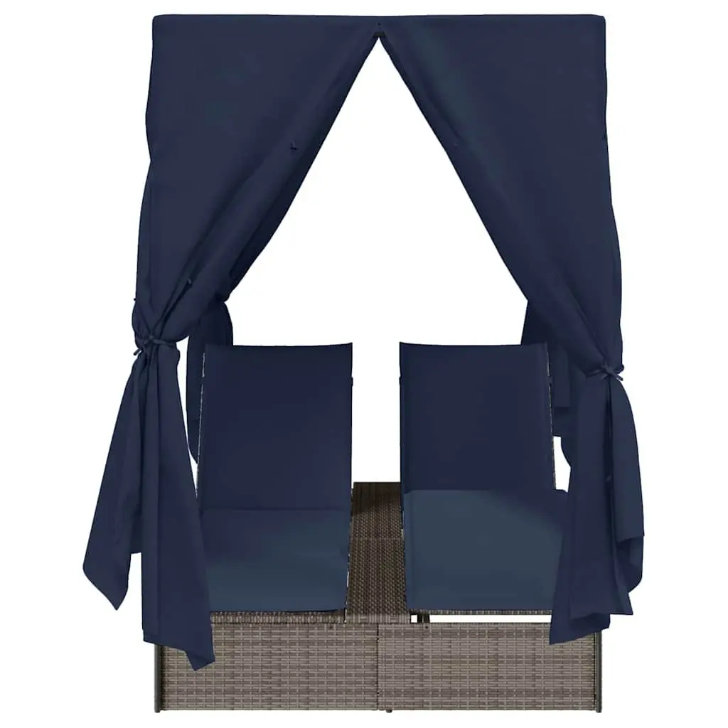 Double Sun Lounger Grey Poly Rattan Outdoor Day Bed with Canopy Roof and Curtains