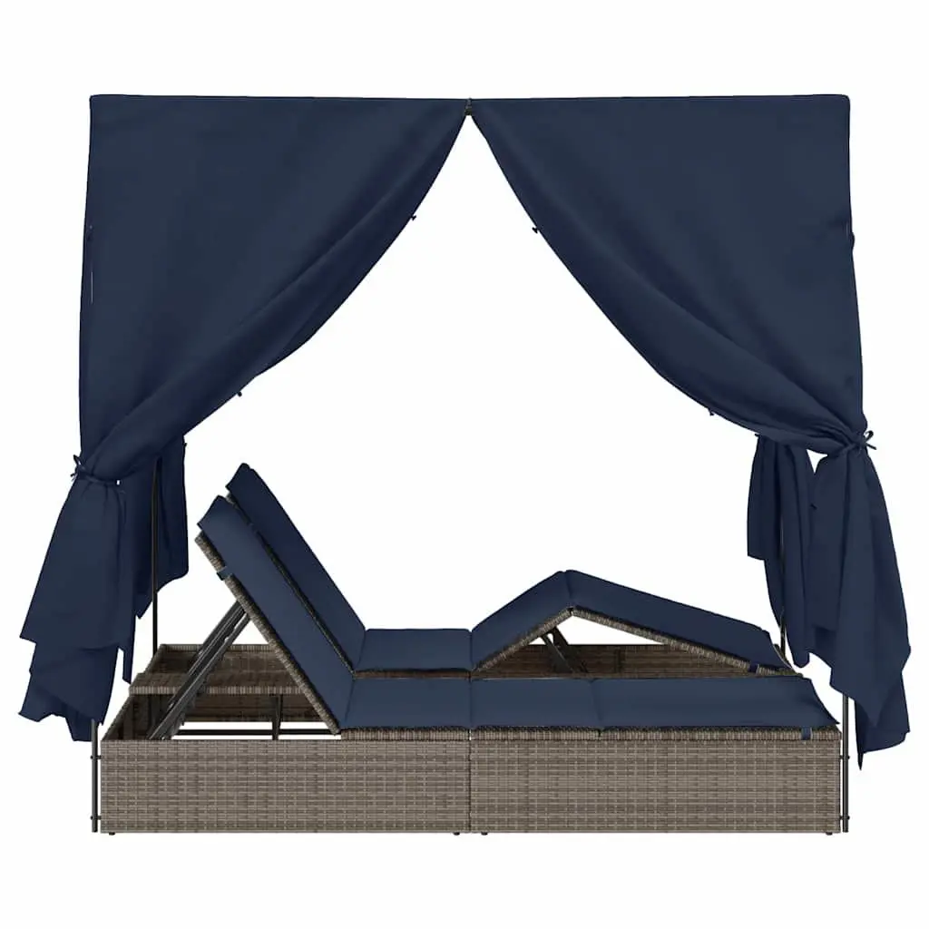 Double Sun Lounger Grey Poly Rattan Outdoor Day Bed with Canopy Roof and Curtains