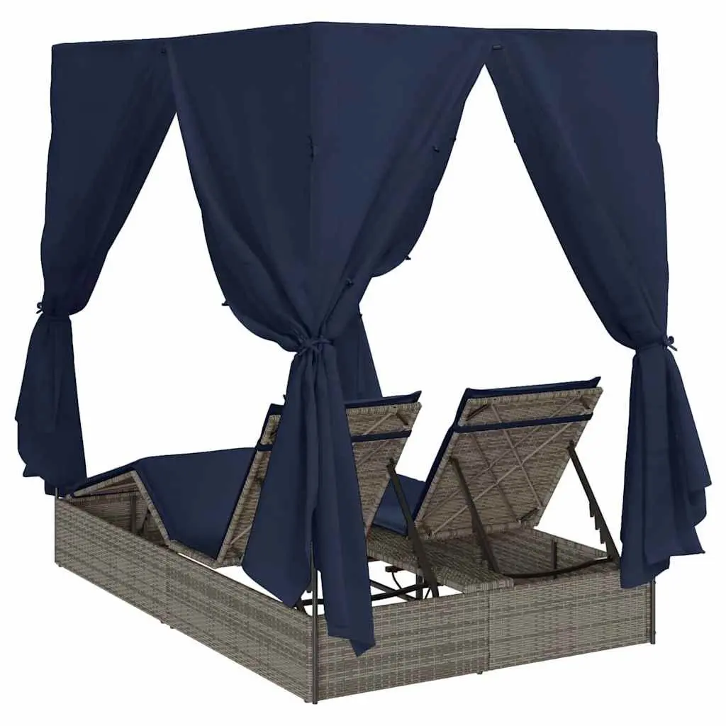 Double Sun Lounger Grey Poly Rattan Outdoor Day Bed with Canopy Roof and Curtains