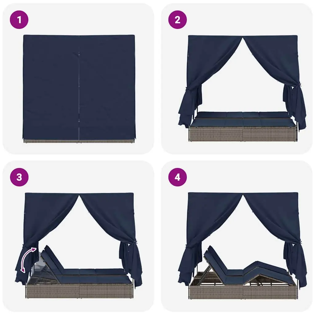 Double Sun Lounger Grey Poly Rattan Outdoor Day Bed with Canopy Roof and Curtains