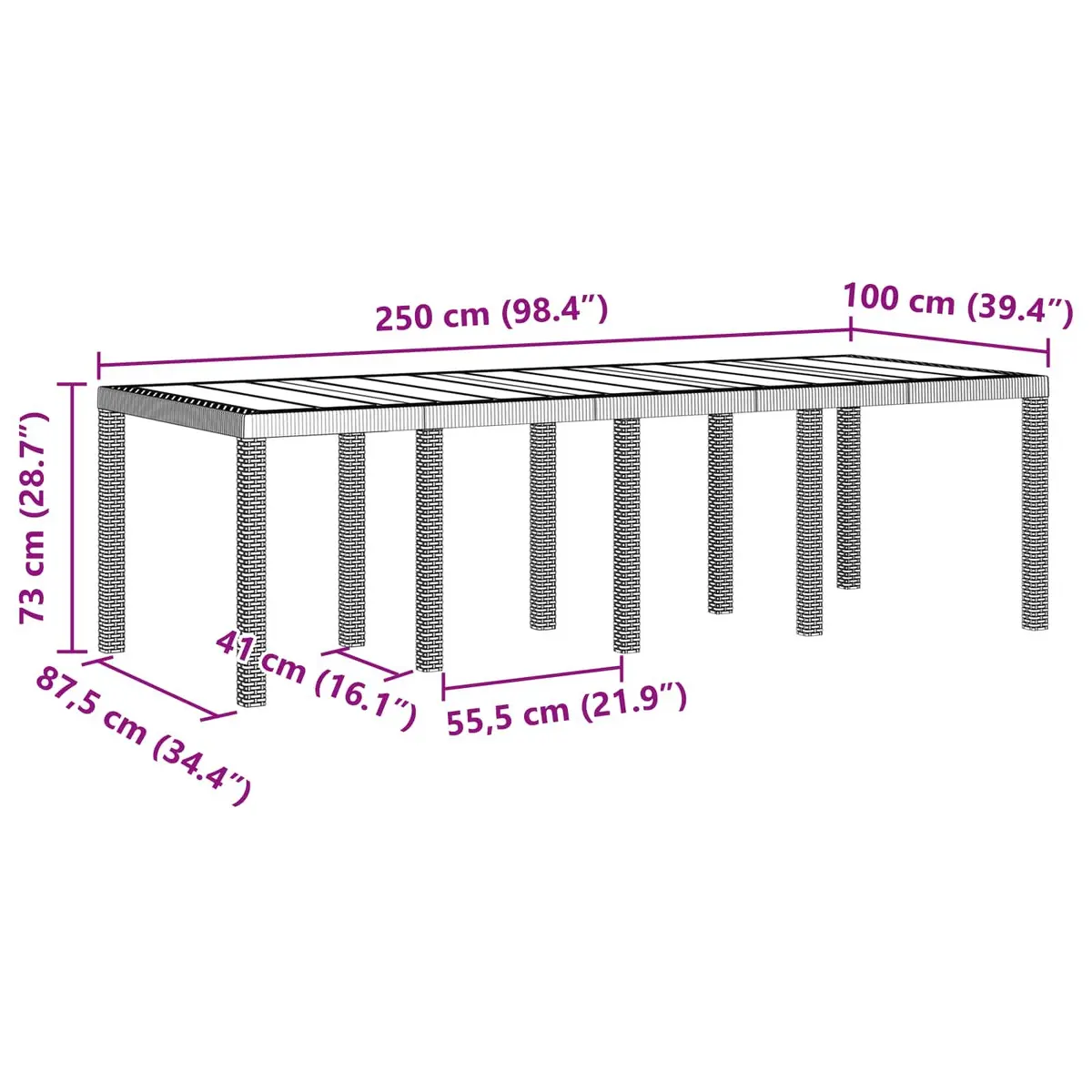 Garden Dining Table 250 x 100 cm Anthracite Rectangular Outdoor Patio Furniture