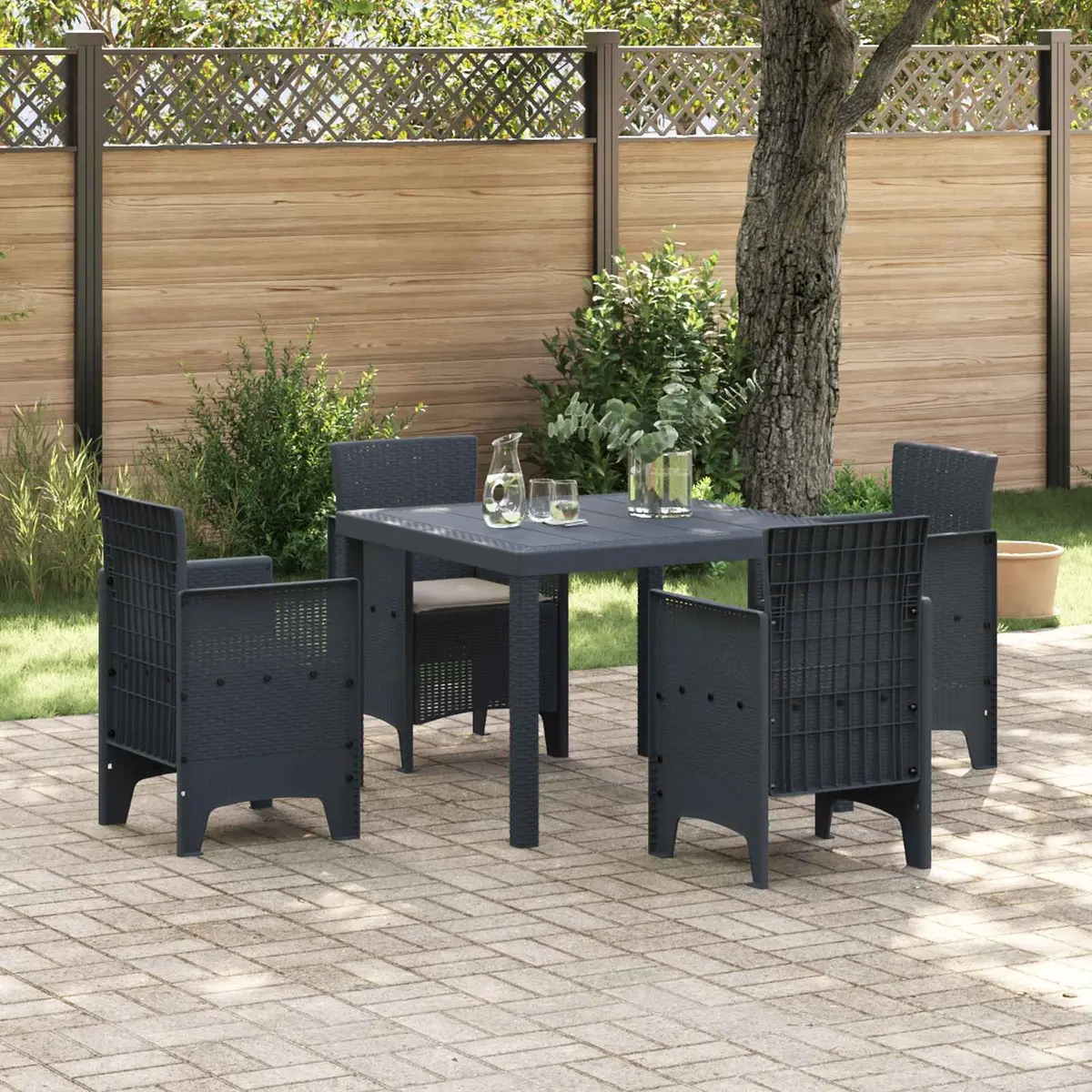 Garden Dining Set Anthracite 5 Piece Outdoor Patio Table Chairs Cushions Poly Rattan