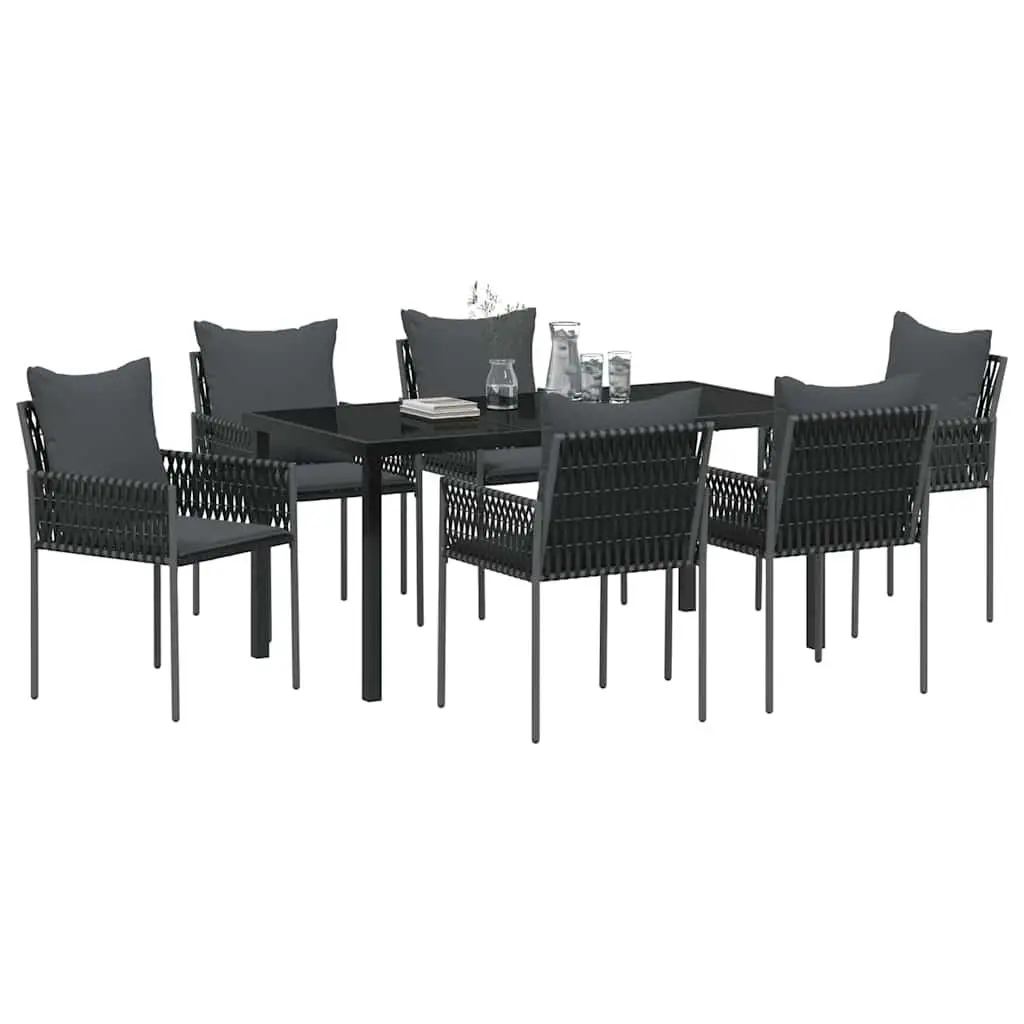 Garden Dining Set Black Grey 7 Piece Outdoor Furniture Rattan Steel Table Chairs