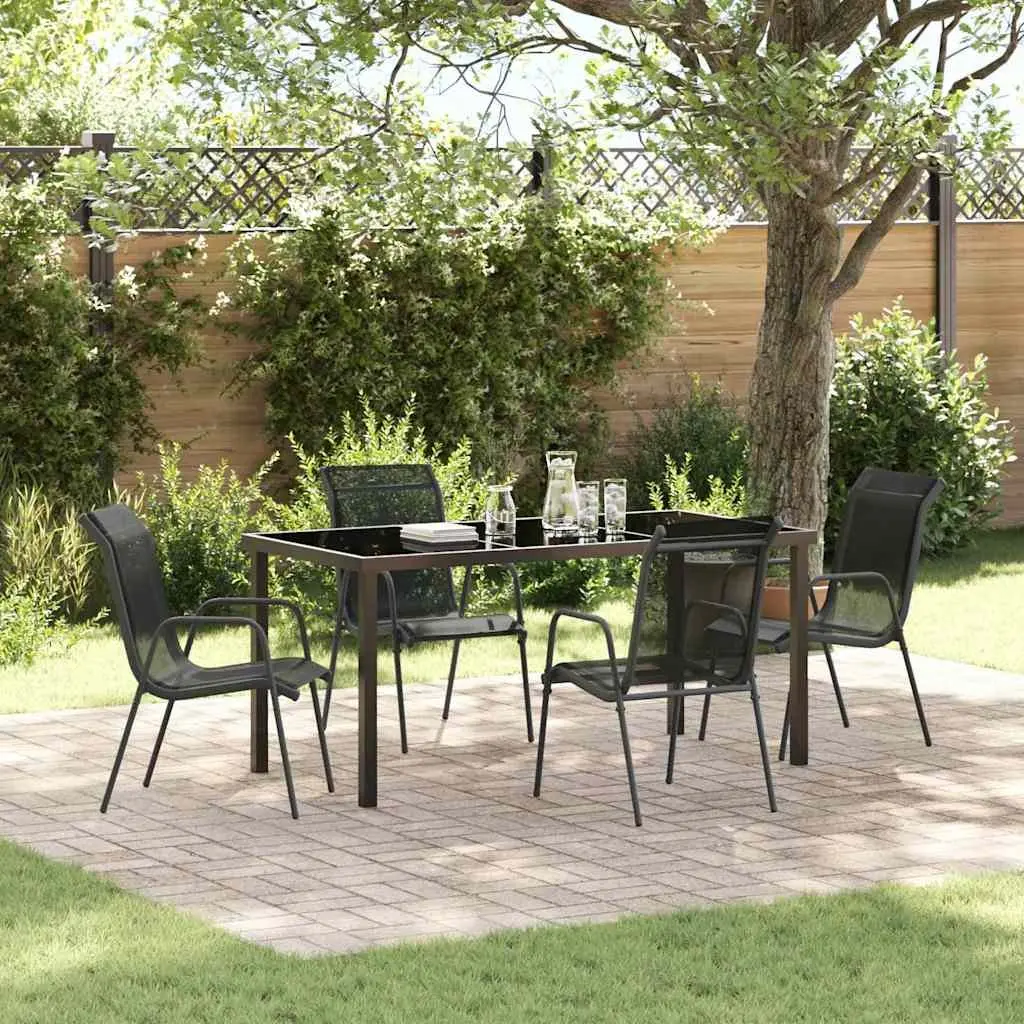 Garden Dining Set Black 5 Piece Outdoor Furniture Steel Frame Rectangle Table
