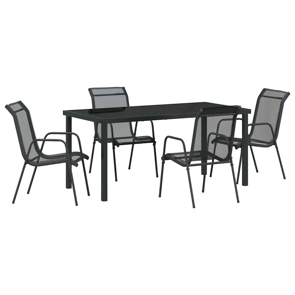 Garden Dining Set Black 5 Piece Outdoor Furniture Steel Frame Rectangle Table