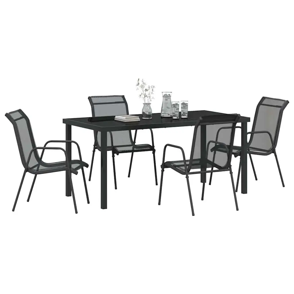 Garden Dining Set Black 5 Piece Outdoor Furniture Steel Frame Rectangle Table
