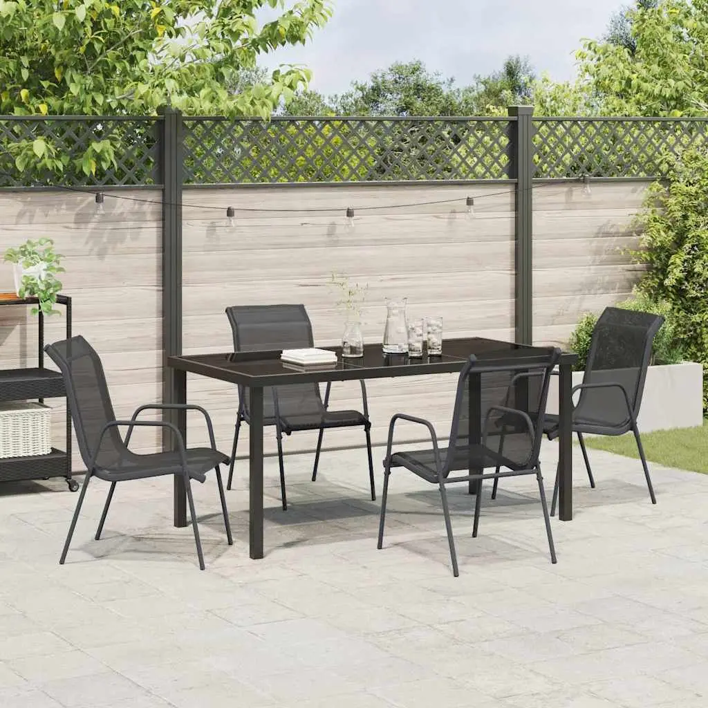 Garden Dining Set Black 5 Piece Outdoor Furniture Steel Frame Rectangle Table