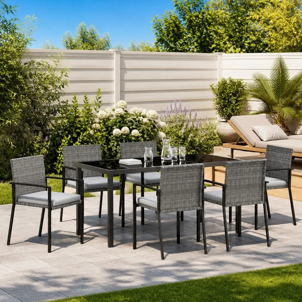Garden Dining Set Grey 7 Pieces Outdoor Furniture Steel Frame Poly Rattan Seats