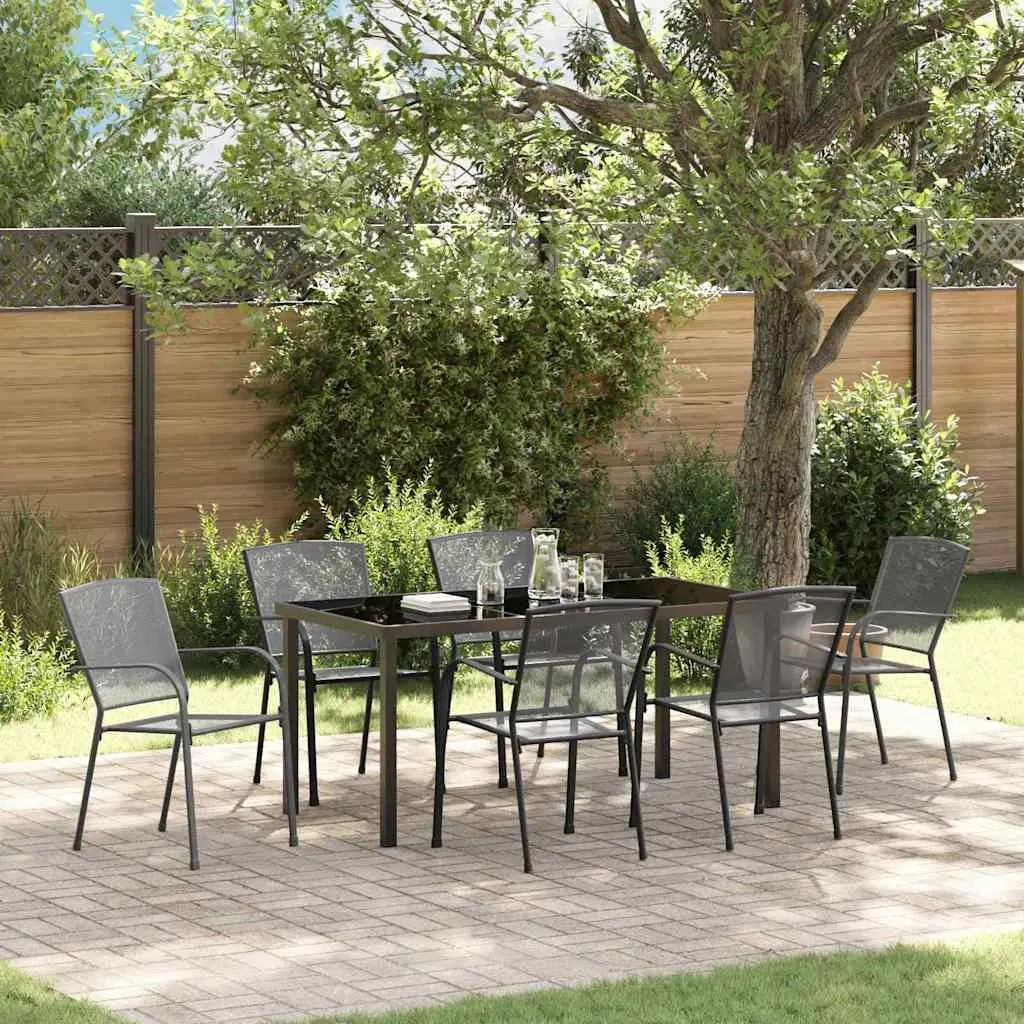 Garden Dining Set Anthracite 7 Piece Outdoor Furniture Rectangular Table with Tempered Glass Top and Six Backrest Chairs