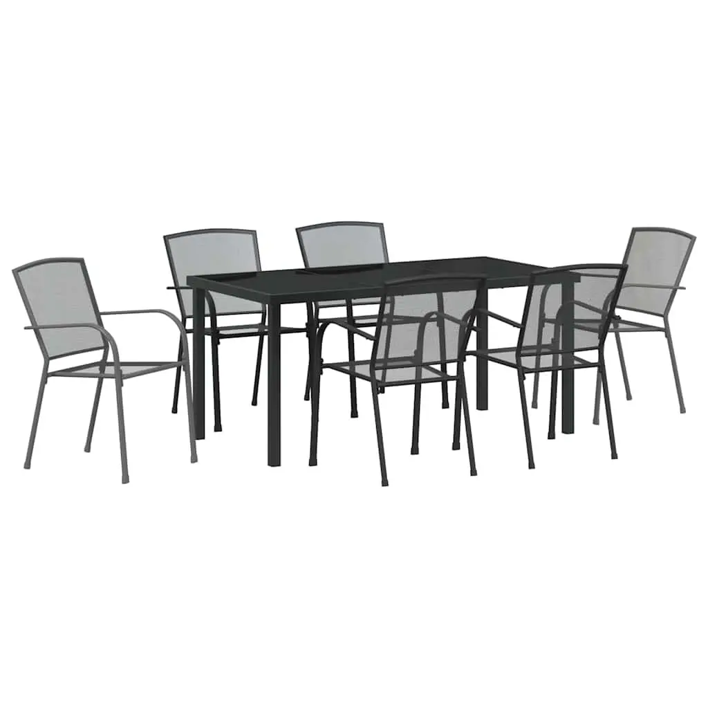 Garden Dining Set Anthracite 7 Piece Outdoor Furniture Rectangular Table with Tempered Glass Top and Six Backrest Chairs