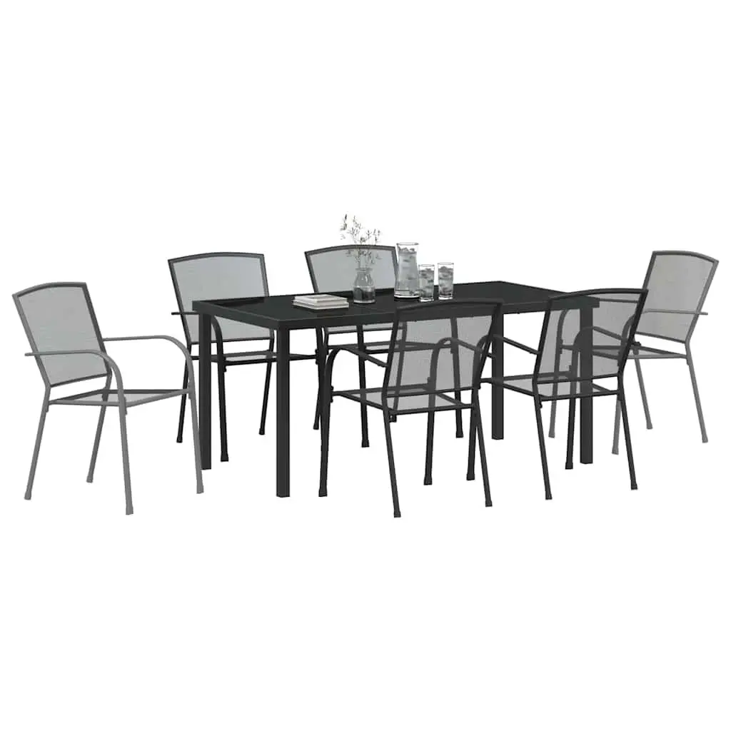 Garden Dining Set Anthracite 7 Piece Outdoor Furniture Rectangular Table with Tempered Glass Top and Six Backrest Chairs