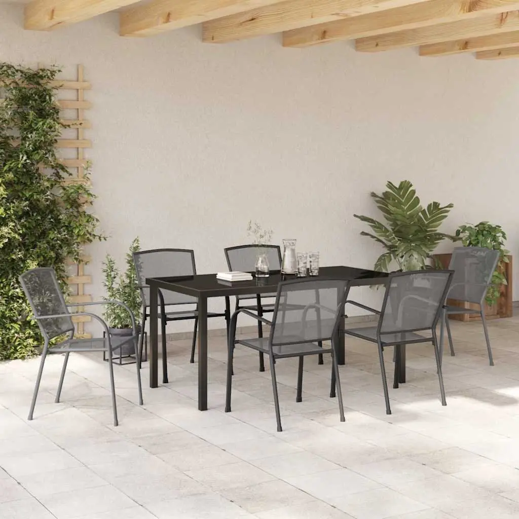Garden Dining Set Anthracite 7 Piece Outdoor Furniture Rectangular Table with Tempered Glass Top and Six Backrest Chairs