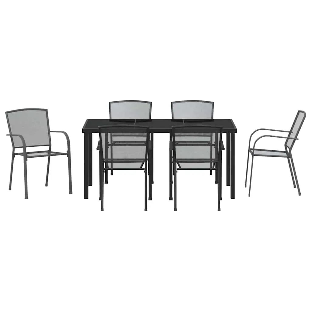 Garden Dining Set Anthracite 7 Piece Outdoor Furniture Rectangular Table with Tempered Glass Top and Six Backrest Chairs