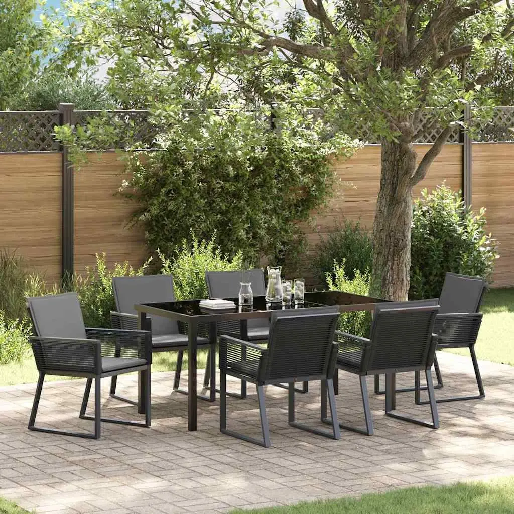 Garden Dining Set Black 7 Piece Outdoor Furniture Rattan Chairs Steel Frame