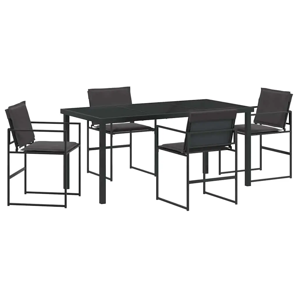 Garden Dining Set Black 5 Piece Outdoor Seating Durable Textilene Fabric Tempered Glass Table