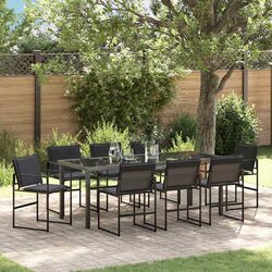 9 Piece Outdoor Garden Dining Set Black Steel Frame Tempered Glass Table Chairs