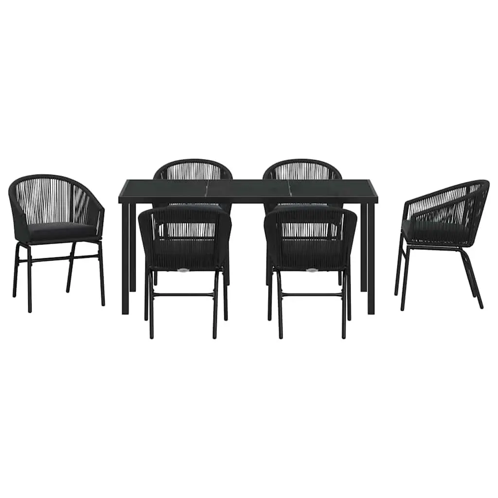 Outdoor Garden Dining Set Black 7 Piece Steel Frame Tempered Glass Table Chairs