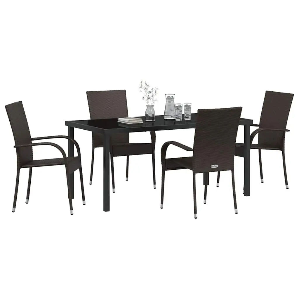Garden Dining Set Brown 5 Pieces Rectangular Poly Rattan Powder Coated Steel Frame