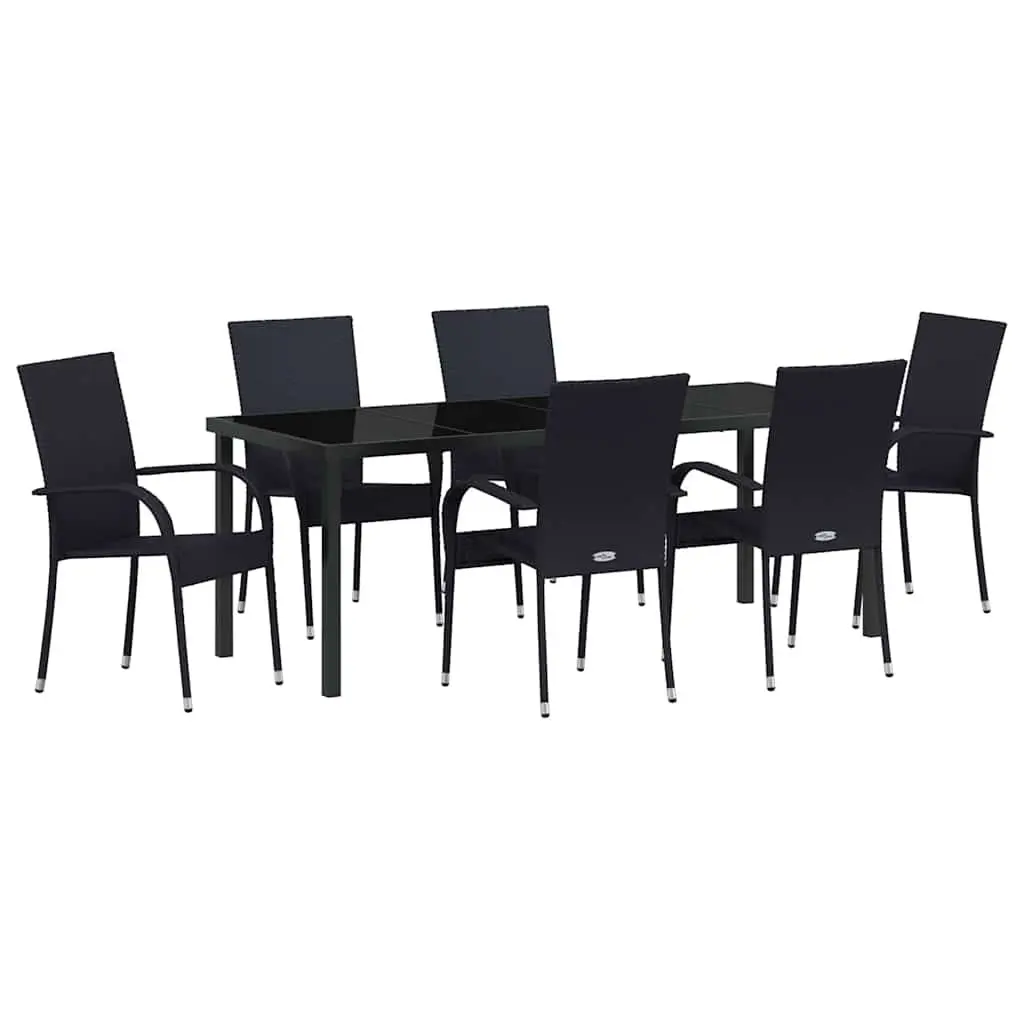 Outdoor Dining Set Black 7 Piece Rectangular Table with Armrest Seating Poly Rattan Steel Frame