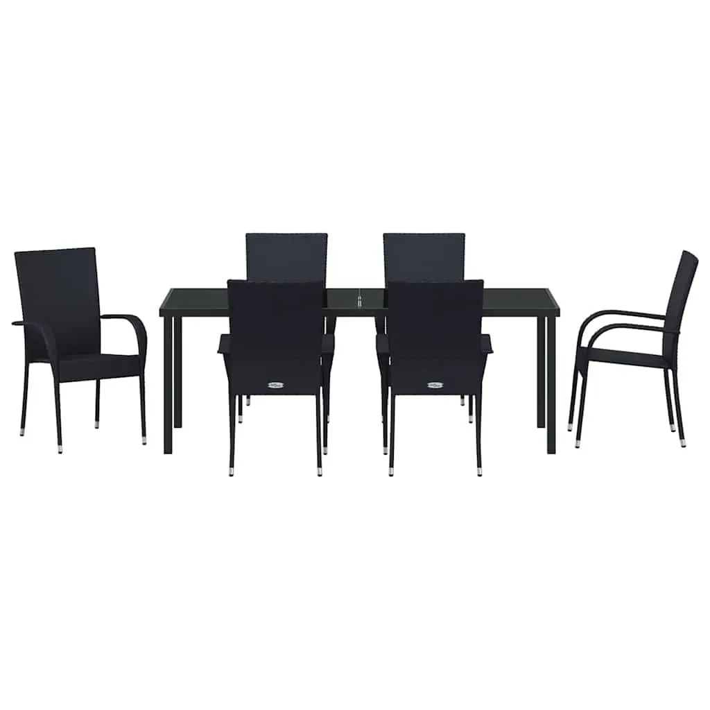 Outdoor Dining Set Black 7 Piece Rectangular Table with Armrest Seating Poly Rattan Steel Frame