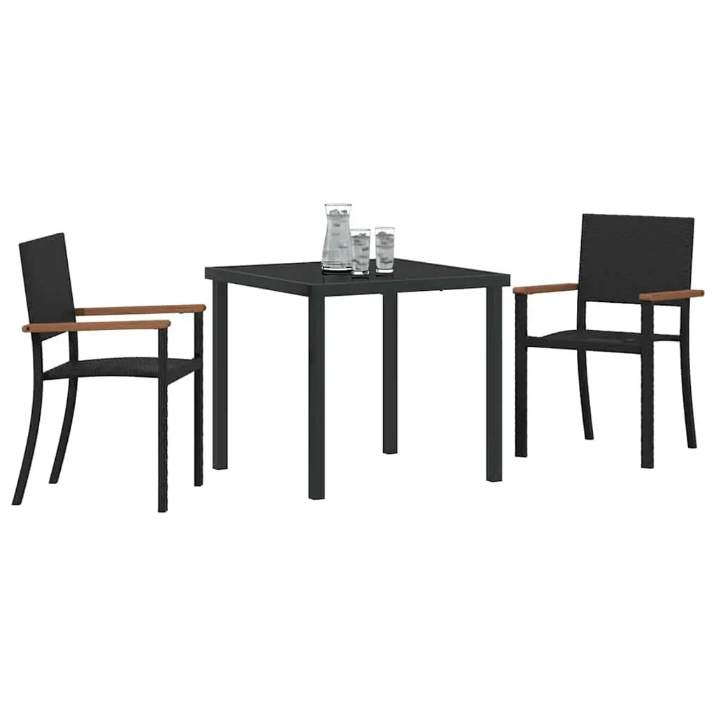 Outdoor Dining Set Black 3 Pieces Poly Rattan Steel Frame Tempered Glass Table