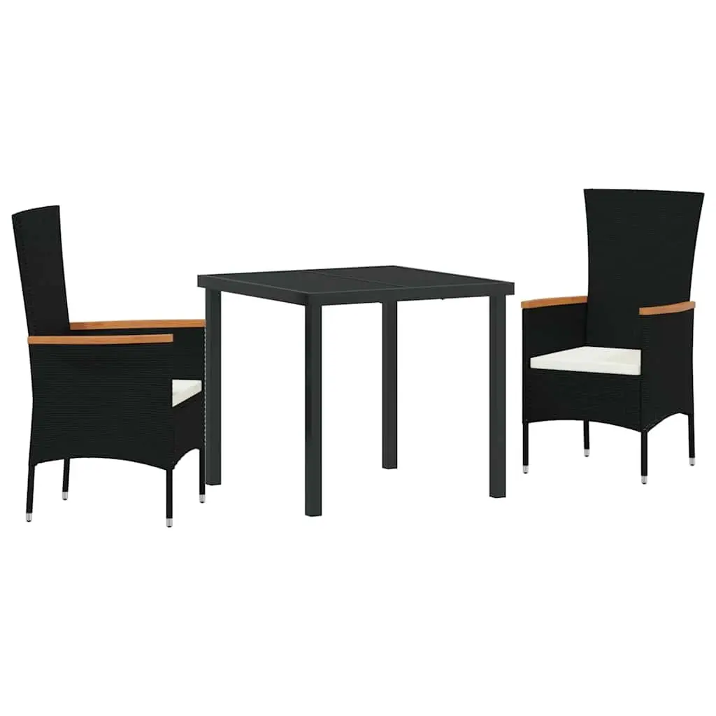 Garden Dining Set Black 3 Pieces Powder-coated Steel Frame Tempered Glass Table
