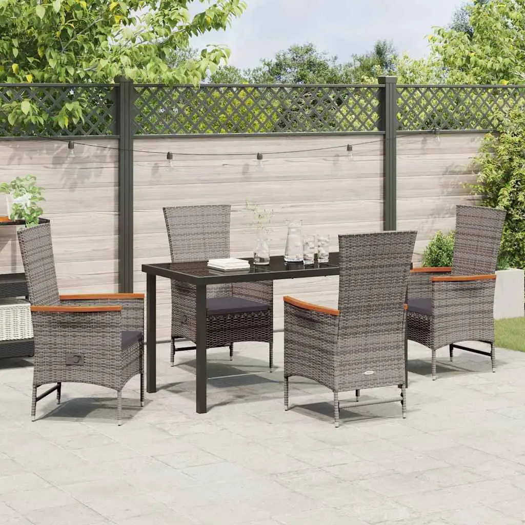 Garden Dining Set 5 Piece Outdoor Furniture Grey Steel Frame Glass Top Rattan