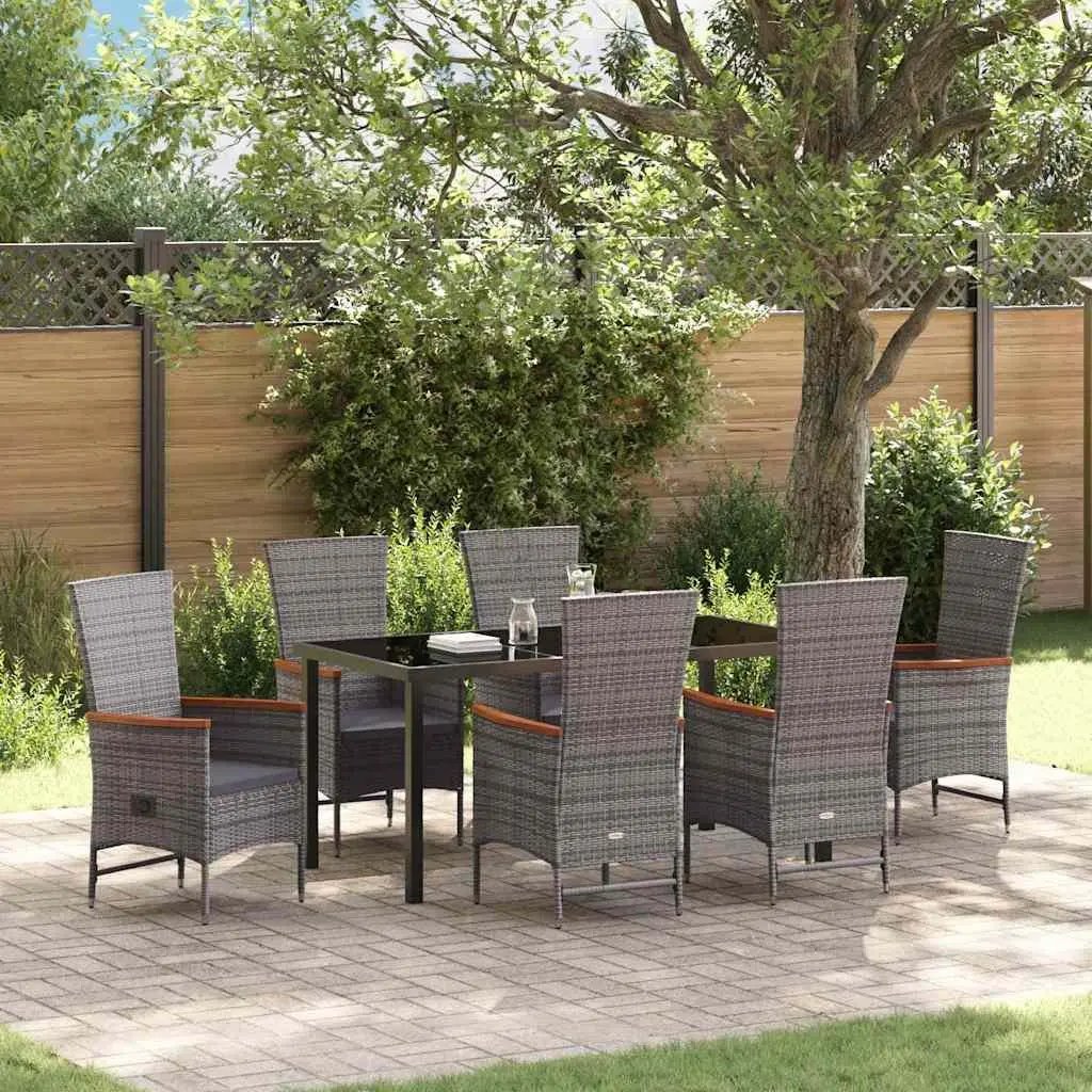 Garden Dining Set Grey 7 Piece Outdoor Furniture Steel Rattan Glass Table Chairs
