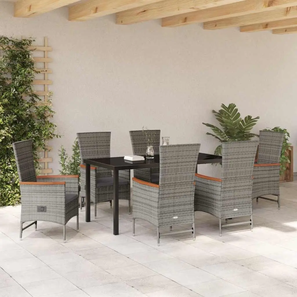 Garden Dining Set Grey 7 Piece Outdoor Furniture Steel Rattan Glass Table Chairs