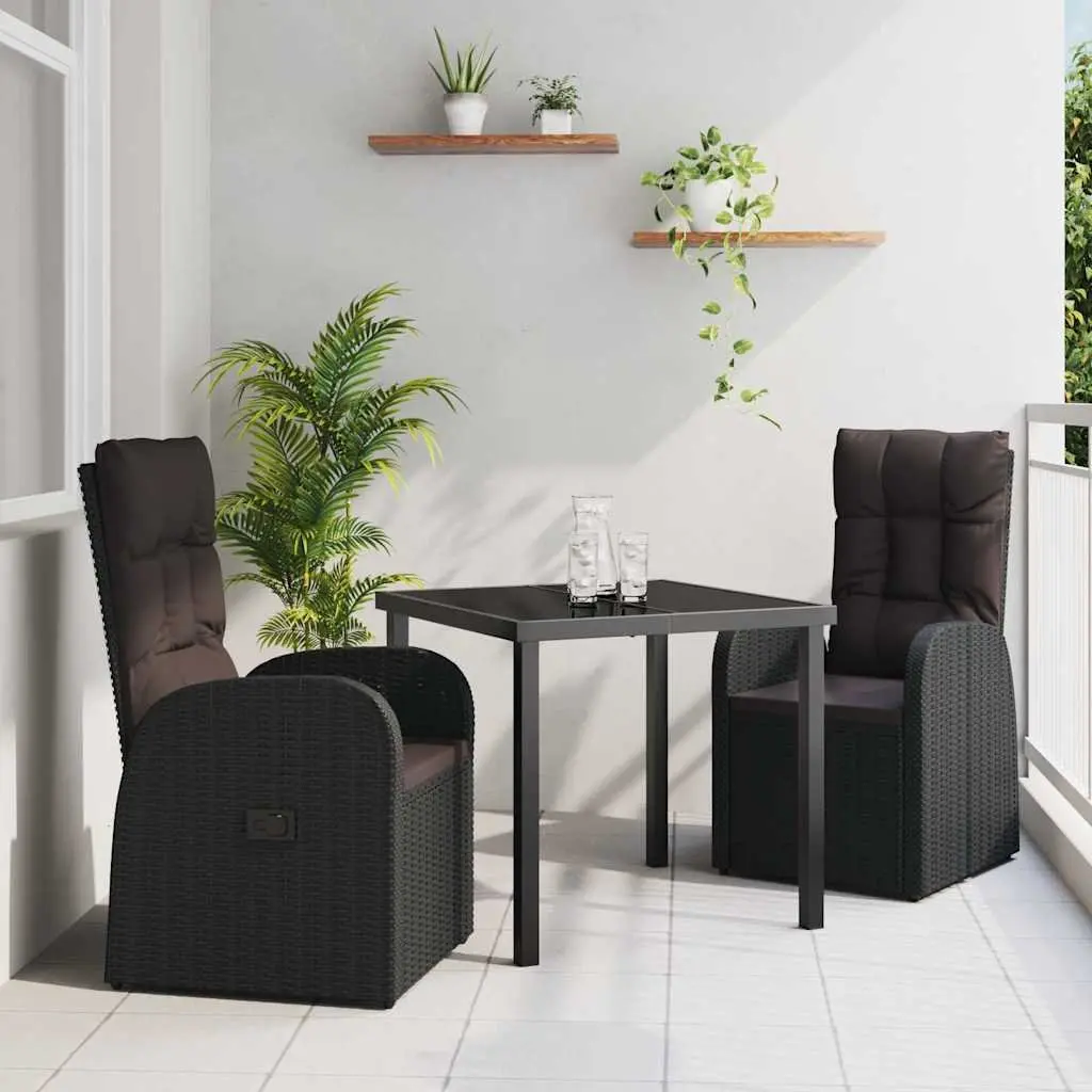 Outdoor Dining Set Black 3 Piece Rattan Furniture with Tempered Glass Table